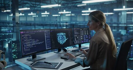 Poster - Female Software Engineer Focused on Working on a Machine Learning Model Displayed Across Three Monitors, Analyzing Data Outputs and Tweaking Parameters in Real Time