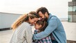 © LaVika - Family bonding moment with parents hugging child outdoors with copy space