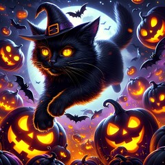 A sleek black cat with glowing yellow eyes leaps through the air, its fur bristling as it weaves through Jack-o'-lanterns and bats. The witch’s familiar adds a touch of feline grace to the chaotic Hal