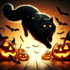 A sleek black cat with glowing yellow eyes leaps through the air, its fur bristling as it weaves through Jack-o'-lanterns and bats. The witch’s familiar adds a touch of feline grace to the chaotic Hal