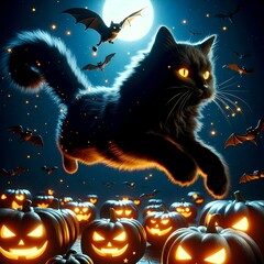 A sleek black cat with glowing yellow eyes leaps through the air, its fur bristling as it weaves through Jack-o'-lanterns and bats. The witch’s familiar adds a touch of feline grace to the chaotic Hal