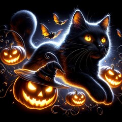 A sleek black cat with glowing yellow eyes leaps through the air, its fur bristling as it weaves through Jack-o'-lanterns and bats. The witch’s familiar adds a touch of feline grace to the chaotic Hal