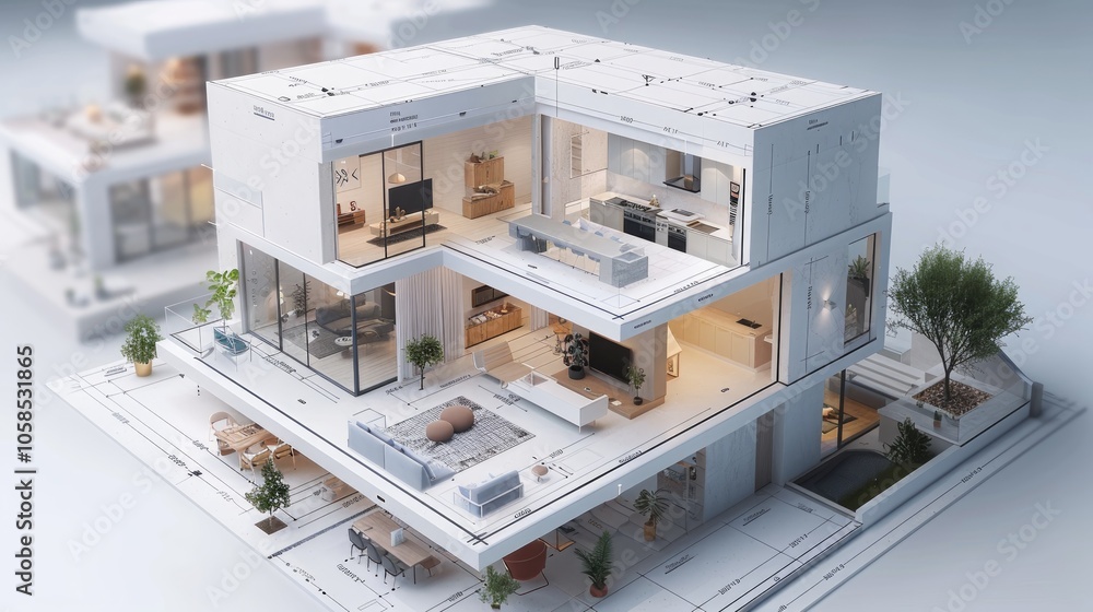 3d blueprint plan of smart home with icons IOT devices. Smart home ...