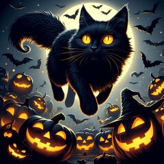 A sleek black cat with glowing yellow eyes leaps through the air, its fur bristling as it weaves through Jack-o'-lanterns and bats. The witch’s familiar adds a touch of feline grace to the chaotic Hal