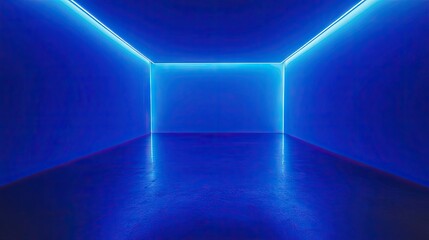 Wall Mural - Modern interior of an empty blue neon light room studio, designed to create a vibrant atmosphere. This empty space emphasizes the blue neon light design and offers ample photo style copy space.