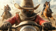 © Worakit - Dynamic cowboy riding motorcycle with sunglasses, surrounded by horses, showcasing adventure and excitement in dusty landscape