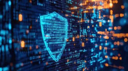 Network Security. Internet Security. Firewall. Blue shield symbol on a computer screen with binary code running in the background.