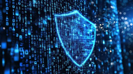 Network Security. Internet Security. Firewall. Blue shield symbol on a computer screen with binary code running in the background.