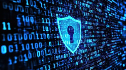 Network Security. Internet Security. Firewall. Blue shield symbol on a computer screen with binary code running in the background.