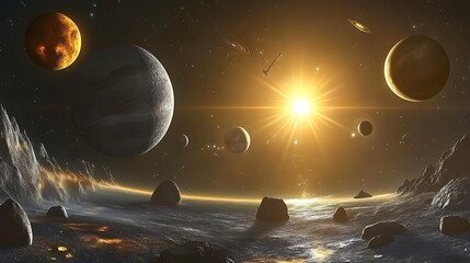 Wall Mural - space planets and sun plain textured background for web design and copy