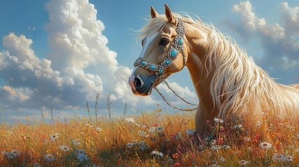 a majestic chestnut horse adorned with an ornate silver and turquoise bridle, standing proudly in a sunlit meadow, with wildflowers and a clear blue sky in the background