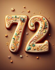 Decorated cookie, number 72, image for birthday or anniversary celebration