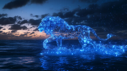 A majestic lion, composed of shimmering blue light, strides across the tranquil ocean.