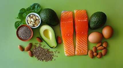 Keto diet concept - salmon, avocado, eggs, nuts and seeds, bright green background, top view