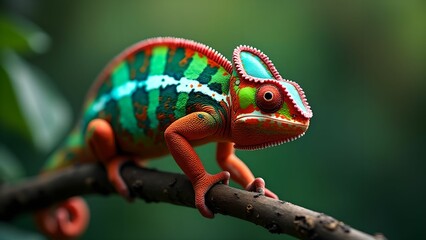 A chameleon with bright scales moves carefully along a branch.