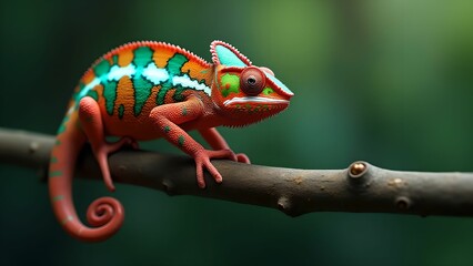 A chameleon with bright scales moves carefully along a branch.