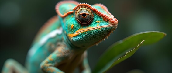 A chameleon with bright scales moves carefully along a branch.
