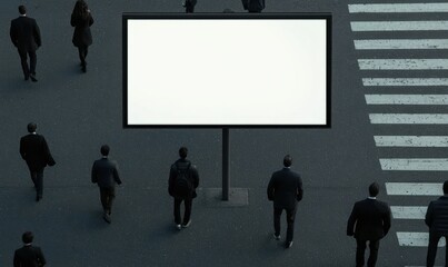 A silhouette of pedestrians walking towards a blank billboard, creating a sense of anonymity and urban life.