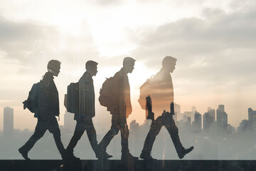 Double exposure effect of a group of businessmen walking silhouette and city skyline 