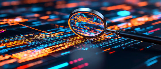 Magnifying Glass Reveals Digital Code in Glowing Hues.
