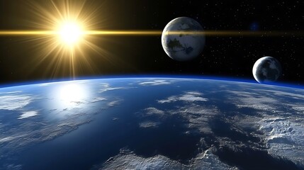Wall Mural - earth from space with sun and moons blank background with copy space for design projects
