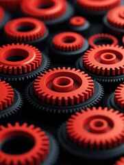 A vibrant close-up of interlocking red gears against a dark background, showcasing intricate mechanical design and color contrast.