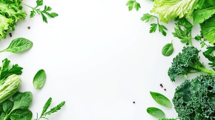 Wall Mural - Clean layout of leafy greens, such as kale and spinach, scattered on a white background, highlighting nutrient-rich ingredients