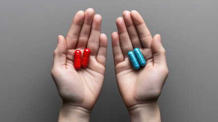 Two hands holding capsules, one with red pills and the other with blue pills, representing choice or decision-making concept, isolated on a neutral background.