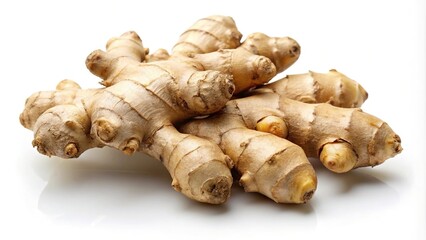 Organic ginger root isolated on white background at a tilted angle