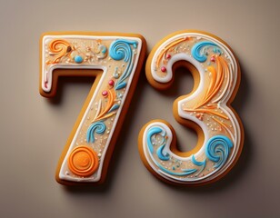 Decorated cookie, number 73, image for birthday or anniversary celebration