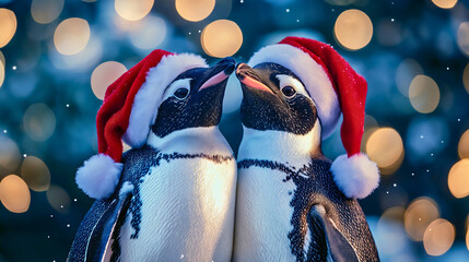 Cute penguin couple wearing Christmas caps celebrating the holiday season in the cold Antarctic, standing together on the snowy ice, love and warmth in the beautiful winter wilderness in December