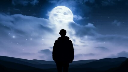 Wall Mural - looping seamless background virtual animation silhouette person video 4k moonlight time-lapse couple moon landscape sky tree night dark black nature forest blue cloud light beautiful fantasy evening 