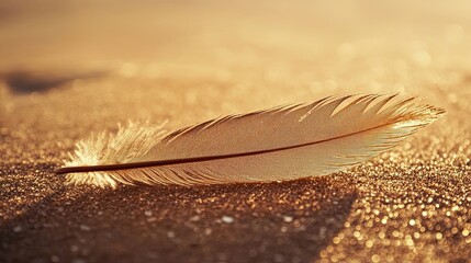 A Single Golden Feather Resting on a Glittering Surface