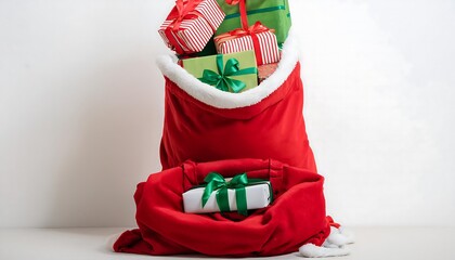 A red Santa sack sits open on a white background, overflowing with wrapped gifts with green and red wrapping paper