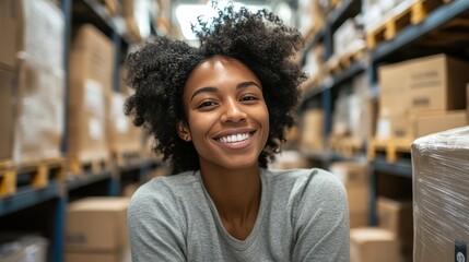 Smiling Woman in a Warehouse