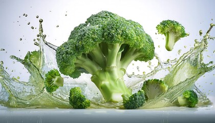 Fresh Broccoli a few slices and a splash of Fresh Broccoli juice form a dynamic image against a white background