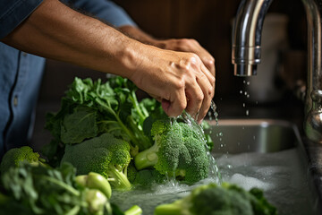 Wall Mural - People washing vegetables in sink domestic housework cleaning chores generative ai image