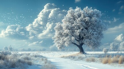 Wall Mural - beautiful snowy tree standing majestically in a serene meadow, soft snowflakes falling gently around, capturing the tranquility and wonder of winter's beauty