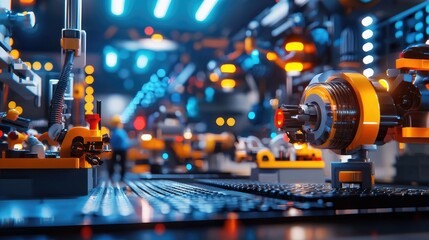 Poster - Dynamic factory environment with workers amidst advanced machinery and bright lighting