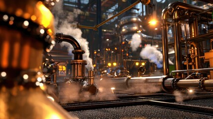 Poster - Steam rising from industrial machinery in a modern factory setting