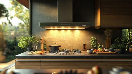 Modern kitchen with cooking equipment and fresh ingredients.