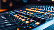© altitudevisual - Close-up view of an illuminated audio mixing console with various knobs, sliders, and buttons in a dark studio setting, focusing on control elements.