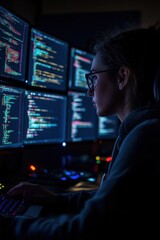 Focused female programmer coding at night in a sleek, minimalistic office, illuminated by soft screen light.