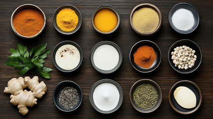 Wall Mural - Assorted spices and ingredients including turmeric, pepper, coriander, ginger, parsley, oil, cream, coarse salt, sugar, fennel seeds, cheese, arranged in small bowls on a wooden surface.