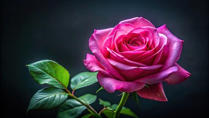 radiant pink rose with green leaves on dark background Low Angle