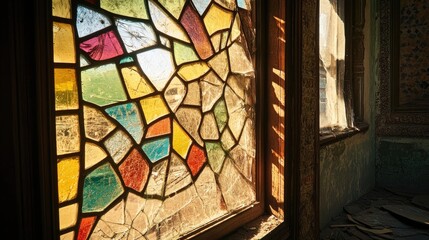 Sticker - A broken stained glass window reveals the intricate patterns of broken glass, creating a unique visual appeal. The contrast of colors and textures draws attention while leaving ample space for design.