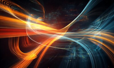 Artistic abstraction composed of waves, grids and lights