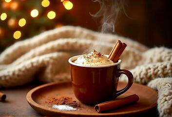 Wall Mural - A cup of hot chocolate topped with cinnamon sticks on a wooden tray with Christmas decoration in a house, Christmas Day concept	