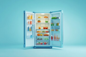 A modern refrigerator filled with fresh food, beverages, and organized storage in a bright kitchen environment