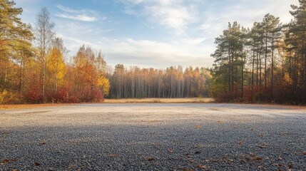 gravel parking lot with an empty space offers a tranquil view of the forest in autumn daylight, crea